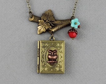 Owl Branch Book Locket - vintage Czech glass button photo locket keepsake necklace, book locket, repurposed, upcycled heirloom jewelry