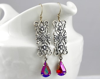 Filigree Rectangle in Iridescent Pink - vintage style antique silver earrings - Intricate Geometry Collection