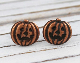Boo - antique copper post earrings, pumpkin, Halloween, jack-o-lantern earrings - P176