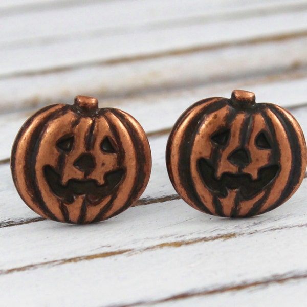 Boo - antique copper post earrings, pumpkin, Halloween, jack-o-lantern earrings - P176