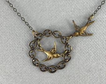 Swallow Pair - vintage, Victorian style antique brass necklace, nature, bird jewelry, adjustable necklace