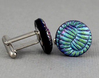 Textured Greenish Blue Vintage Czech glass button cufflinks, repurposed, up cycled cuff links