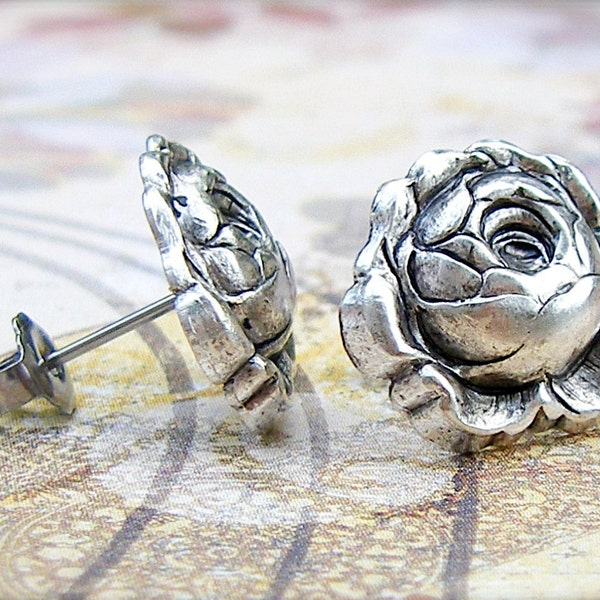 Peony - antique silver surgical steel post earrings, rose flower posts - P123