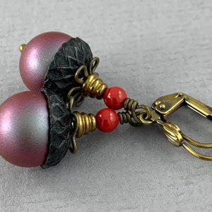 Iridescent Red Swarovski Pearl Acorn earrings - vintage style antique copper earrings, fall, autumn, nature, woodland jewelry - DE102