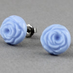 Blue Cabbage Rose vintage glass button titanium post earrings, repurposed jewelry, up-cycled jewelry image 1