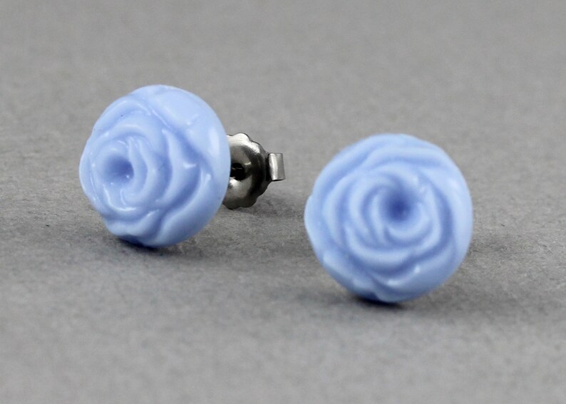 Blue Cabbage Rose vintage glass button titanium post earrings, repurposed jewelry, up-cycled jewelry image 1