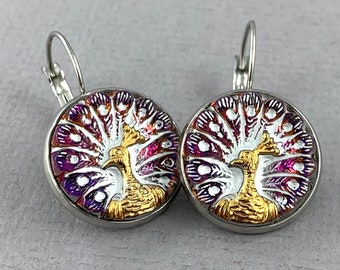 Purple Pink Peacock - Czech glass button earrings, repurposed jewelry, up-cycled drop earrings