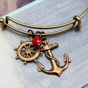 Ship Ahoy - antique brass expandable charm bangle bracelet, adjustable ocean themed bracelet - Ocean Whispers Collection