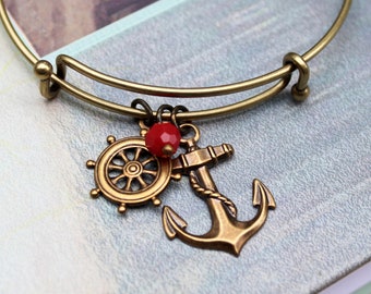 Ship Ahoy - antique brass expandable charm bangle bracelet, adjustable ocean themed bracelet - Ocean Whispers Collection