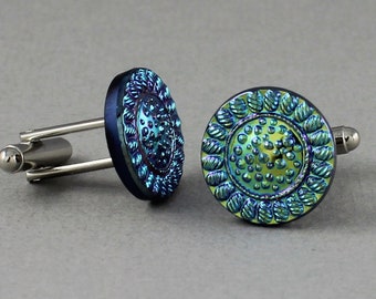 Greenish Blue Sunflower - vintage Czech glass button cufflinks, repurposed jewelry, up-cycled cufflinks