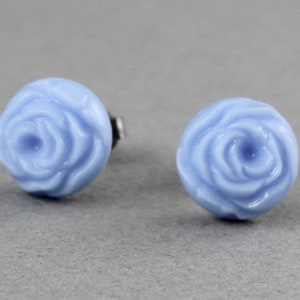 Blue Cabbage Rose vintage glass button titanium post earrings, repurposed jewelry, up-cycled jewelry image 2