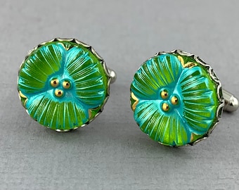 Lime Green Morning Glory - Czech glass button cufflinks, repurposed jewelry, up-cycled cufflinks, wedding, gift for Dad, groomsman