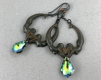 Mermaid Duo in crystal Sahara - vintage style chocolate black brass chandelier earrings, Ocean Whispers Collection