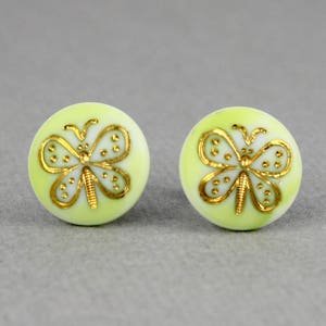 Gilded Butterfly - vintage glass button surgical steel post earrings, repurposed, up cycled jewelry