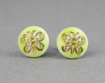 Gilded Butterfly - vintage glass button surgical steel post earrings, repurposed, up cycled jewelry