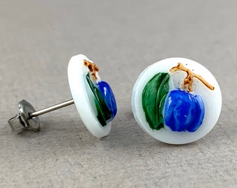 Blue Plums - vintage glass button post earrings, up-cycled jewelry, repurposed jewelry, fruit earrings