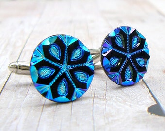 Blue Snowflake - Czech glass button cufflinks