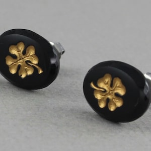 Gilded Four Leaf Clover - vintage glass surgical steel post earrings, repurposed, up cycled  jewelry