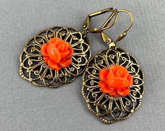 Bright Orange Rose - Victorian vintage style antique brass filigree drop earrings - Secret Garden Collection