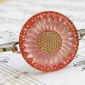 Pink Sunflower - Czech glass button bangle bracelet, repurposed jewelry, up-cycled jewelry