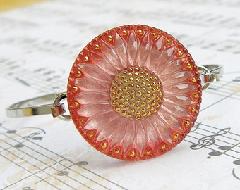 Pink Sunflower - Czech glass button bangle bracelet, repurposed jewelry, up-cycled jewelry