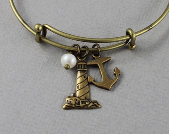 Rocky Point - antique brass expandable charm bangle bracelet, adjustable ocean themed bracelet - Ocean Whispers Collection