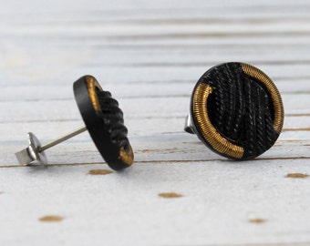 Gilded Edge Black Rope vintage glass button post earrings, up cycled repurposed jewelry