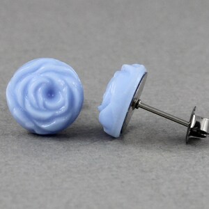 Blue Cabbage Rose vintage glass button titanium post earrings, repurposed jewelry, up-cycled jewelry image 6