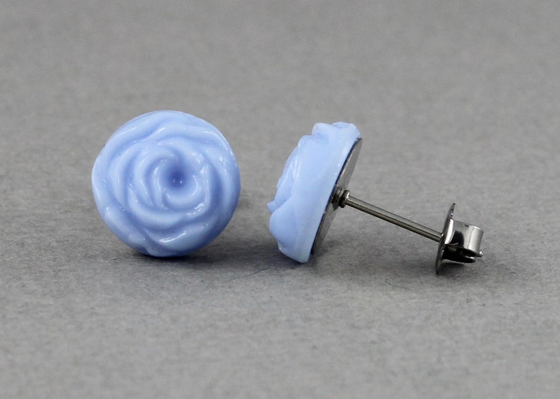 Blue Cabbage Rose vintage glass button titanium post earrings, repurposed jewelry, up-cycled jewelry image 6