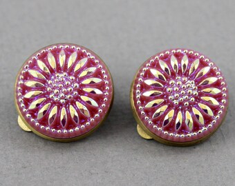 Pink Sunflower - vintage Czech glass button clip-on earrings, repurposed, up cycled jewelry