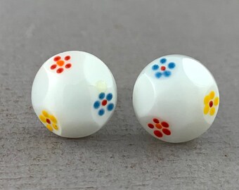 Tiny Daisy earrings - vintage glass button stud earrings, surgical steel post, repurposed, up cycled jewelry