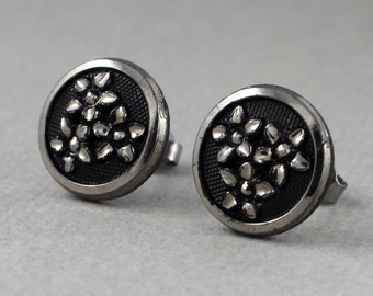 Metallic Silver Flower Trio - vintage glass button surgical steel post earrings, repurposed, up cycled