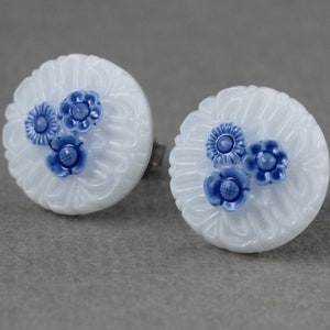 Blue Flowers - vintage glass button stud earrings, surgical steel post, repurposed, up cycled jewelry