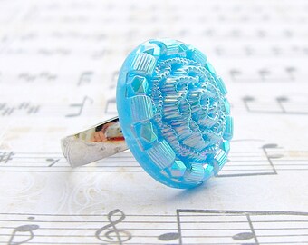 Intricate Blue Knott - adjustable Vintage glass button ring, statement ring, cocktail ring