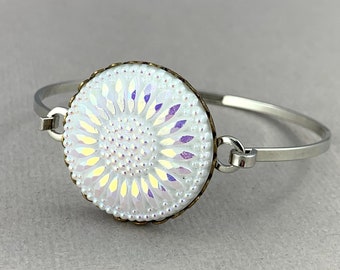 White aurora borealis Sunflower - Czech glass button bangle bracelet, repurposed jewelry, up-cycled jewelry