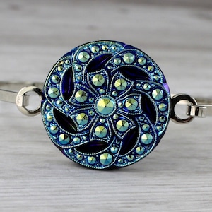 Blue Marcasite Flower - Czech glass button bangle bracelet, repurposed, up cycled jewelry