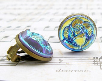 Lavender Rose - vintage Czech glass button clip-on earrings