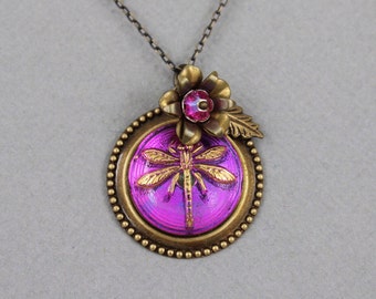 Fuchsia Dragonfly - Czech glass button necklace, up-cycled jewelry, repurposed jewelry, bug insect flower necklace