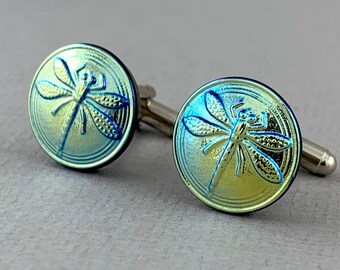 Metallic yellow and aqua blue Dragonfly - Czech glass button cufflinks, up-cycled cufflinks, repurposed glass button cufflinks