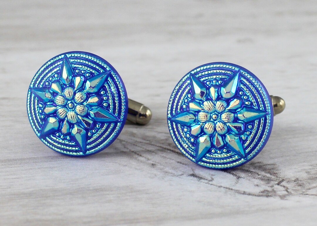 Blue Starburst Czech Glass Button Cufflinks Repurposed up Etsy