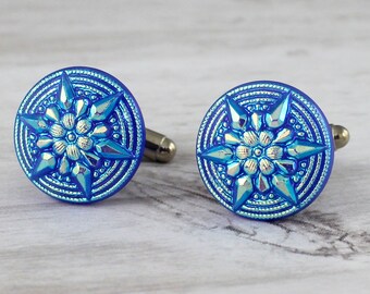 Blue Starburst - Czech glass button cufflinks, repurposed, up cycled cuff links, groomsman, groom, gift for Dad, Farther's Day, wedding