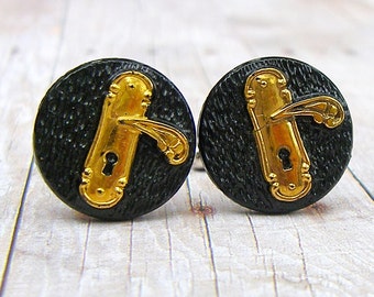 Lock and Key - Vintage glass button repurposed, up cycled cufflinks