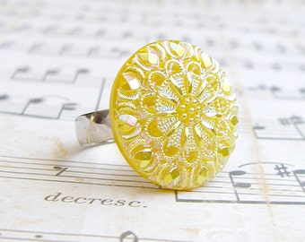 Lace in Sunshine Yellow - adjustable Vintage glass button ring