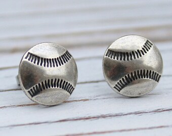 Baseball - antique silver plated post earrings - P130