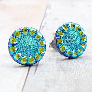 Blue Sunflower vintage Czech glass button post earrings image 2