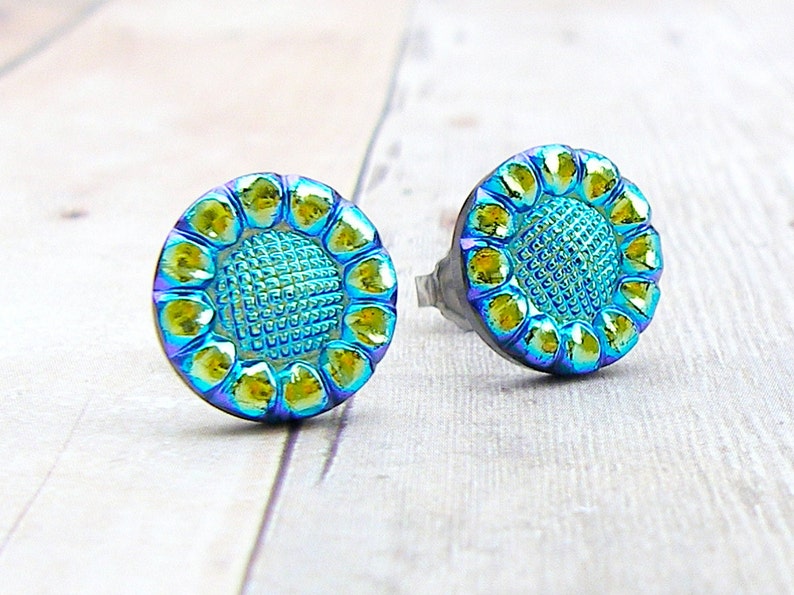 Blue Sunflower vintage Czech glass button post earrings image 2