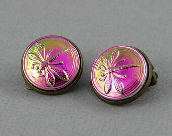 Metallic Pink Dragonfly with green and golden blush - Czech glass button clip-on earrings, repurposed, up cycled clips