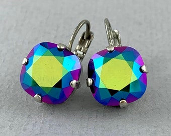Scarabaeus Green Swarovski crystal Cushion cut dangle earrings, square faceted cut, peacock, rainbow