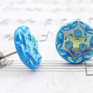 Cut Blue Daisies vintage glass button post earrings, up-cycled jewelry image 1