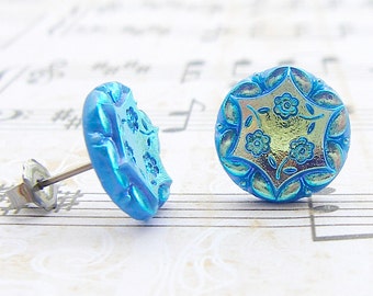 Cut Blue Daisies - vintage glass button post earrings, up-cycled jewelry